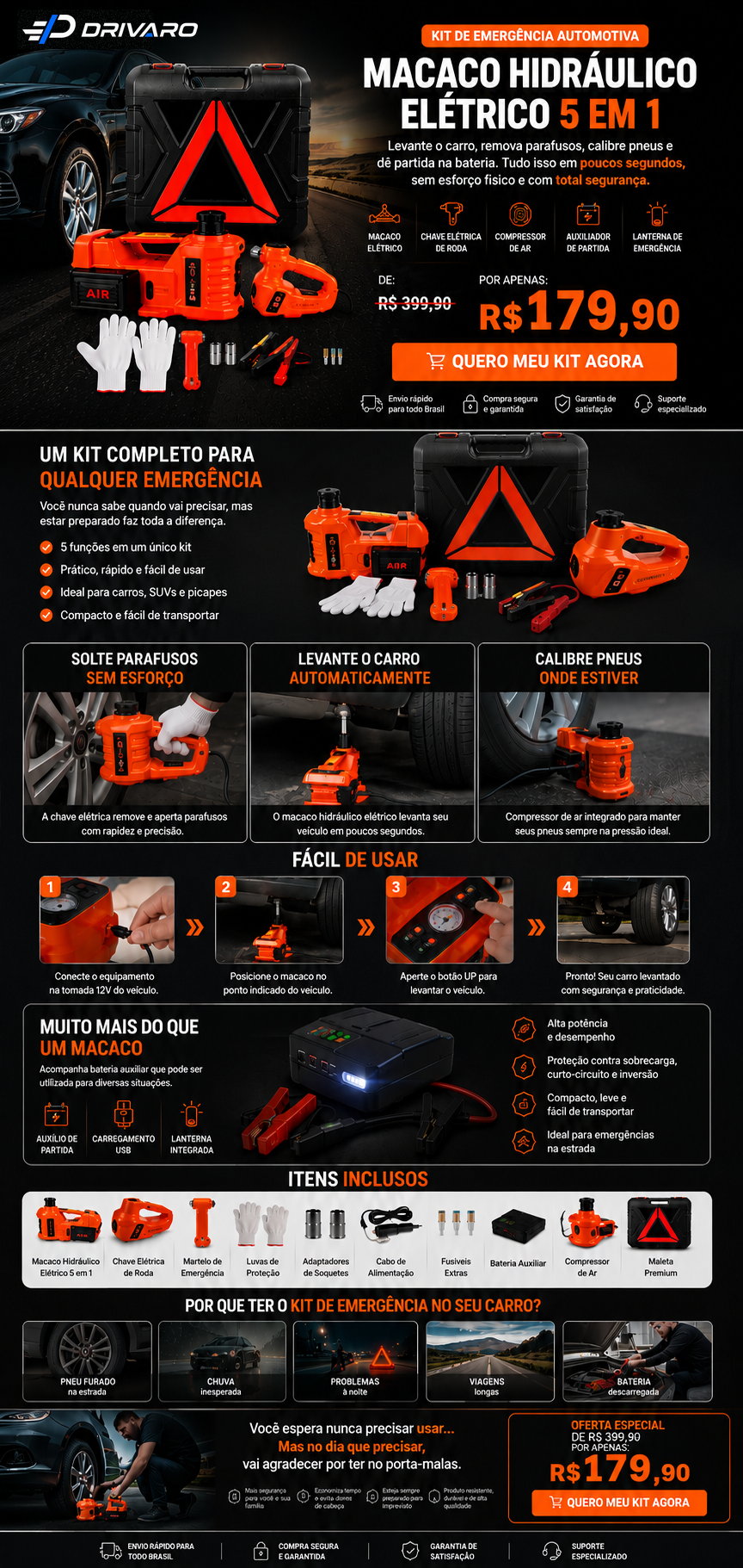 Kit de emergência automotiva - macaco hidráulico elétrico 5 em 1